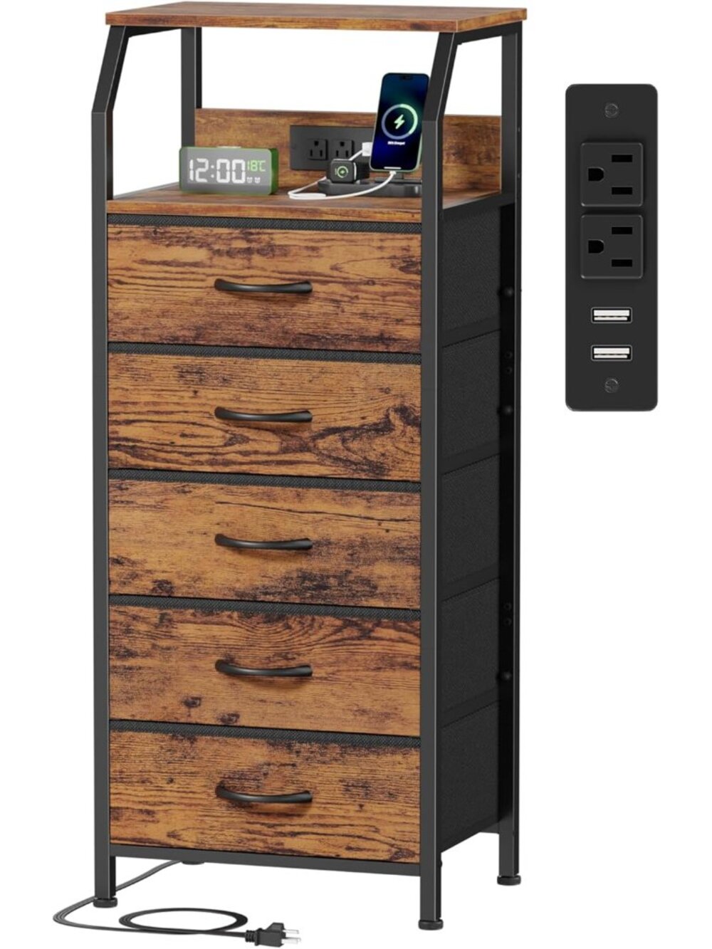 5 Drawers Dresser with Charging Station, Tall Night Stand with Storage Shelf, Fa